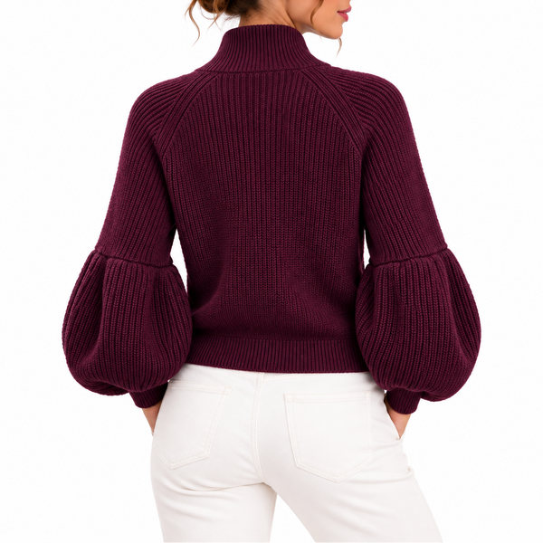 Women’s Cropped Knit Cardigan with Puff Sleeves and High Collar