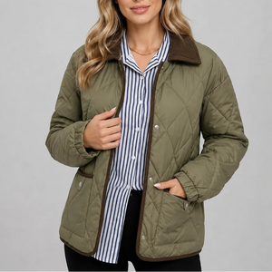 Women's Diamond Quilted Jacket with Corduroy Collar and Pockets