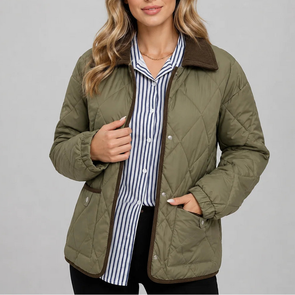 Women's Diamond Quilted Jacket with Corduroy Collar and Pockets