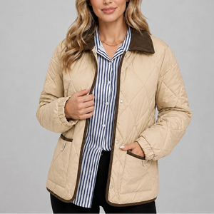 Women's Diamond Quilted Jacket with Corduroy Collar and Pockets