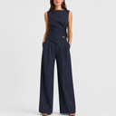 Women's Pinstripe Co Ord Set Wrap Top Wide Leg Trousers