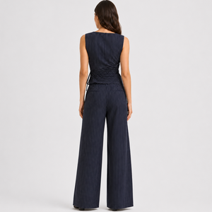 Women's Pinstripe Co Ord Set Wrap Top Wide Leg Trousers