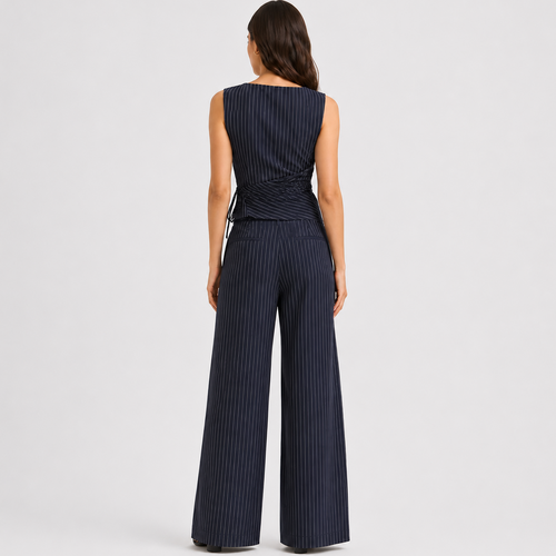 Women's Pinstripe Co Ord Set Wrap Top Wide Leg Trousers