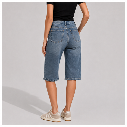 Women's Denim Bermuda Shorts High Waisted Knee Length Straight Leg