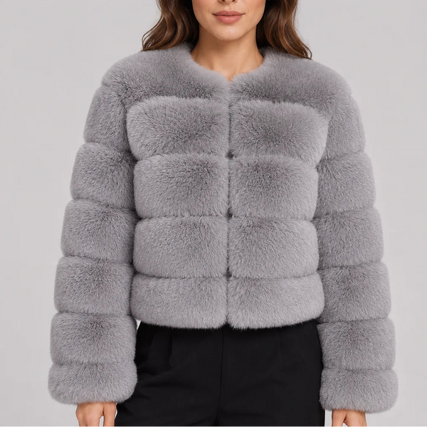 Women's Cropped Fur Look Jacket with Round Neck & Long Sleeves