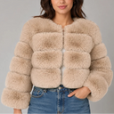 Women's Cropped Fur Look Jacket with Round Neck & Long Sleeves