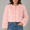 Women's Cropped Fur Look Jacket with Round Neck & Long Sleeves