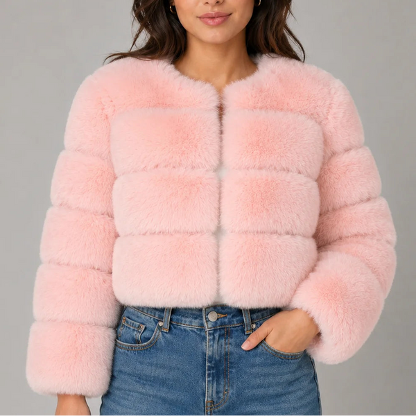 Women's Cropped Fur Look Jacket with Round Neck & Long Sleeves