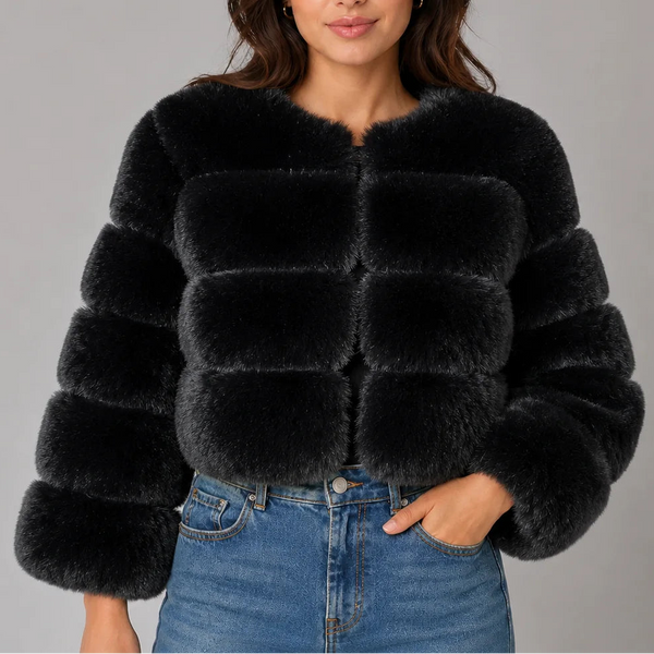 Women's Cropped Fur Look Jacket with Round Neck & Long Sleeves