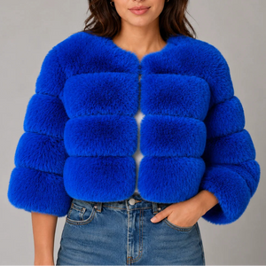 Women's Cropped Fur Look Jacket with Round Neck & Long Sleeves