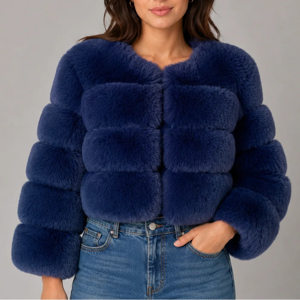 Women's Cropped Fur Look Jacket with Round Neck & Long Sleeves