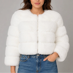 Women's Cropped Fur Look Jacket with Round Neck & Long Sleeves