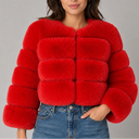 Women's Cropped Fur Look Jacket with Round Neck & Long Sleeves