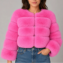 Women's Cropped Fur Look Jacket with Round Neck & Long Sleeves