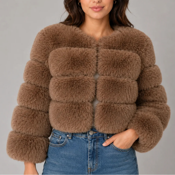 Women's Cropped Fur Look Jacket with Round Neck & Long Sleeves