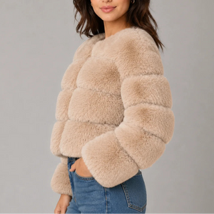 Women's Cropped Fur Look Jacket with Round Neck & Long Sleeves