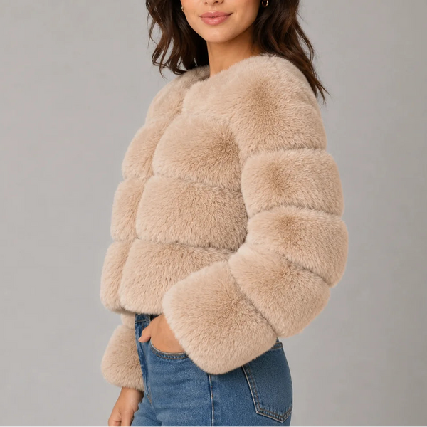 Women's Cropped Fur Look Jacket with Round Neck & Long Sleeves