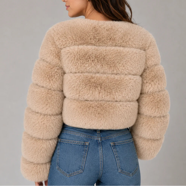 Women's Cropped Fur Look Jacket with Round Neck & Long Sleeves