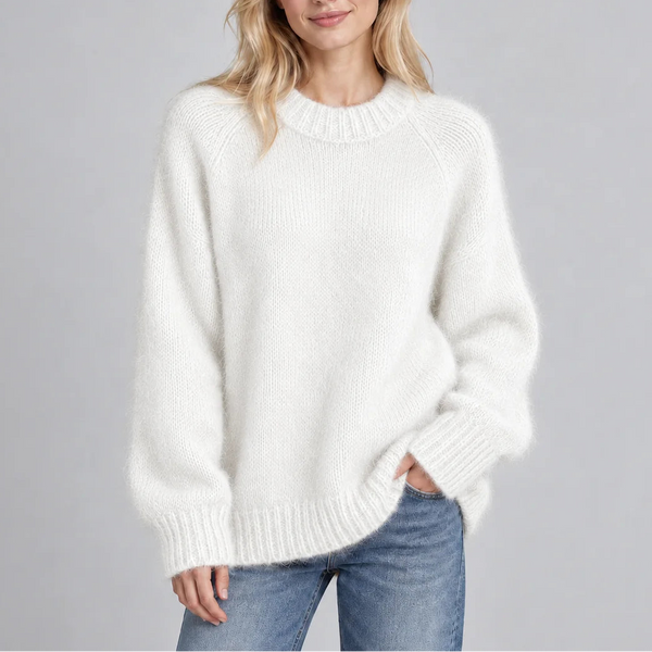 Women’s Relaxed Fit Fluffy Knit Jumper with Crew Neck and Long Sleeves