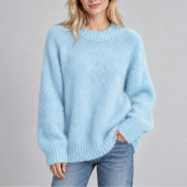 Women’s Relaxed Fit Fluffy Knit Jumper with Crew Neck and Long Sleeves
