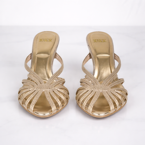 Women’s Gold Strappy Mule Heels – Elegant Open Toe