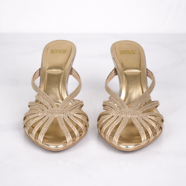 Women’s Gold Strappy Mule Heels – Elegant Open Toe