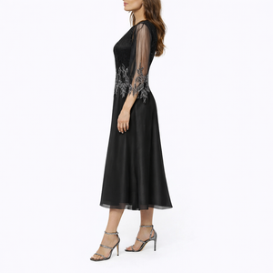 Elegant Midi Dress – Flowing Fit with Sheer Sleeve Detail