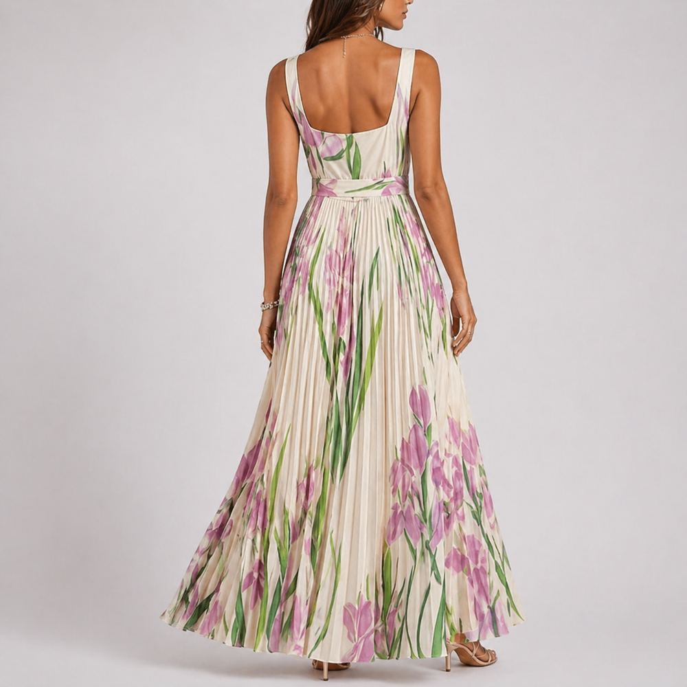 Women’s Pleated Floral Maxi Dress with Garden Print