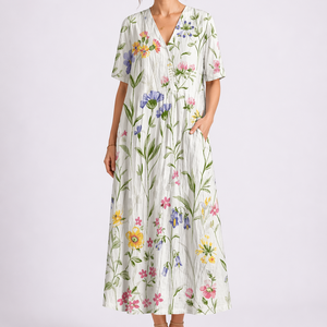 Women's Floral Midi Dress with V-Neck and Short Sleeves