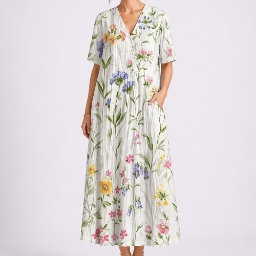 Women's Floral Midi Dress with V-Neck and Short Sleeves