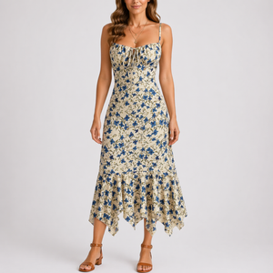 Women’s Floral Summer Midi Dress with Spaghetti Straps