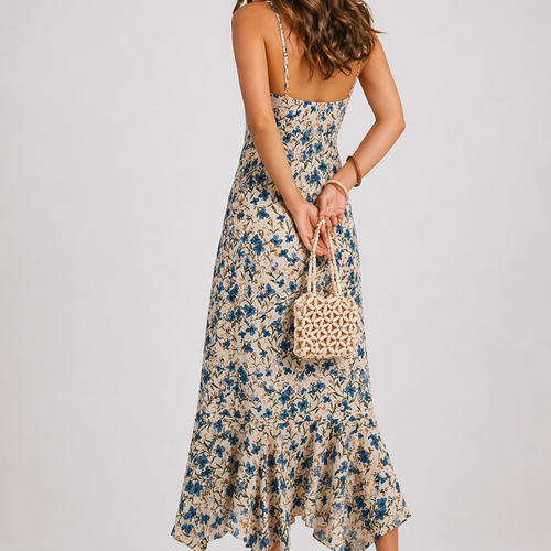 Women’s Floral Summer Midi Dress with Spaghetti Straps