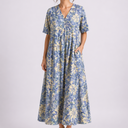Women's Floral Midi Dress with V-Neck and Short Sleeves
