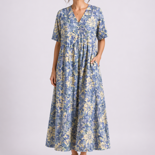 Women's Floral Midi Dress with V-Neck and Short Sleeves