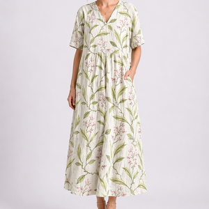 Women's Floral Midi Dress with V-Neck and Short Sleeves