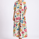 Women's Floral Midi Dress with V-Neck and Short Sleeves