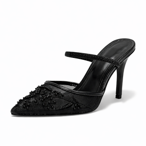 Women’s Embroidered Mesh Mule Heels – Floral Detail, Elegant Pointed Toe