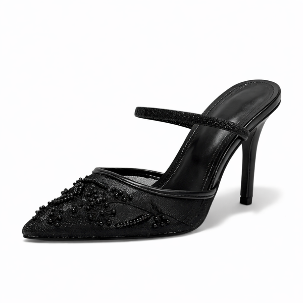 Women’s Embroidered Mesh Mule Heels – Floral Detail, Elegant Pointed Toe