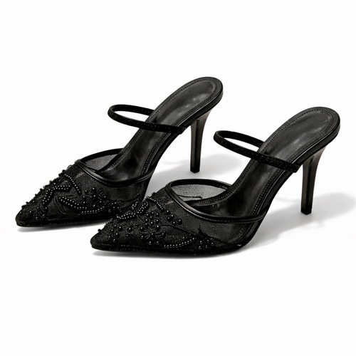 Women’s Embroidered Mesh Mule Heels – Floral Detail, Elegant Pointed Toe