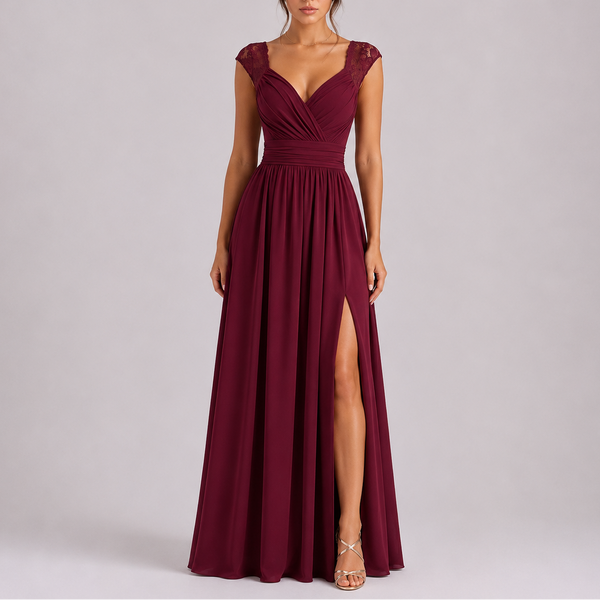 Women’s Elegant Lace Shoulder Maxi Dress with Side Slit