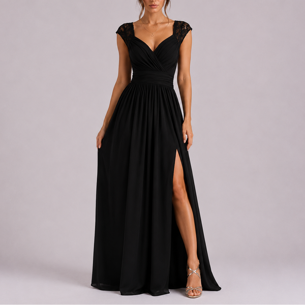 Women’s Elegant Lace Shoulder Maxi Dress with Side Slit