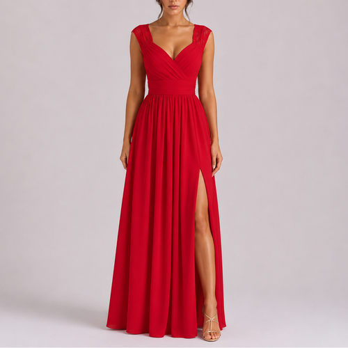 Women’s Elegant Lace Shoulder Maxi Dress with Side Slit