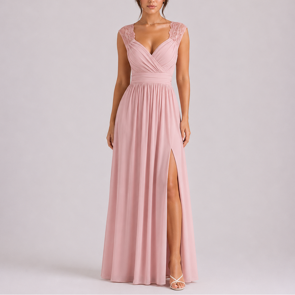 Women’s Elegant Lace Shoulder Maxi Dress with Side Slit