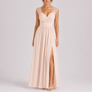 Women’s Elegant Lace Shoulder Maxi Dress with Side Slit