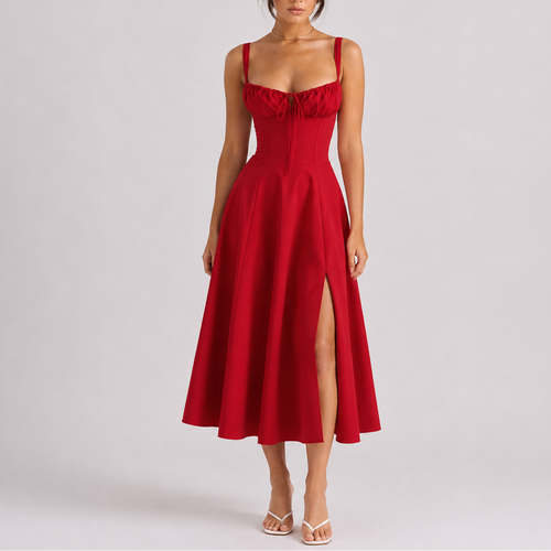 Women’s Elegant Corset Midi Dress with Ruched Bust