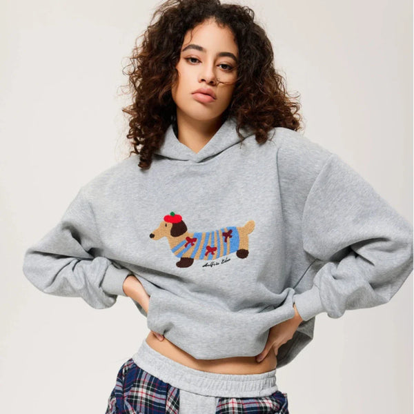 Women's Embroidered Dachshund Hoodie | Cozy Oversized Pullover