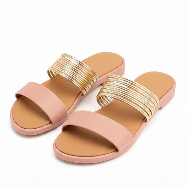 Women’s Flat Slide Sandals with Multi Strap Metallic Design
