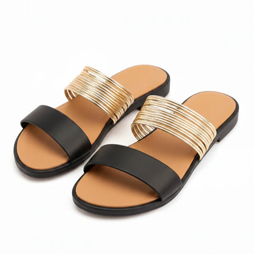 Women’s Flat Slide Sandals with Multi Strap Metallic Design