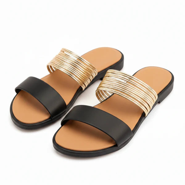 Women’s Flat Slide Sandals with Multi Strap Metallic Design