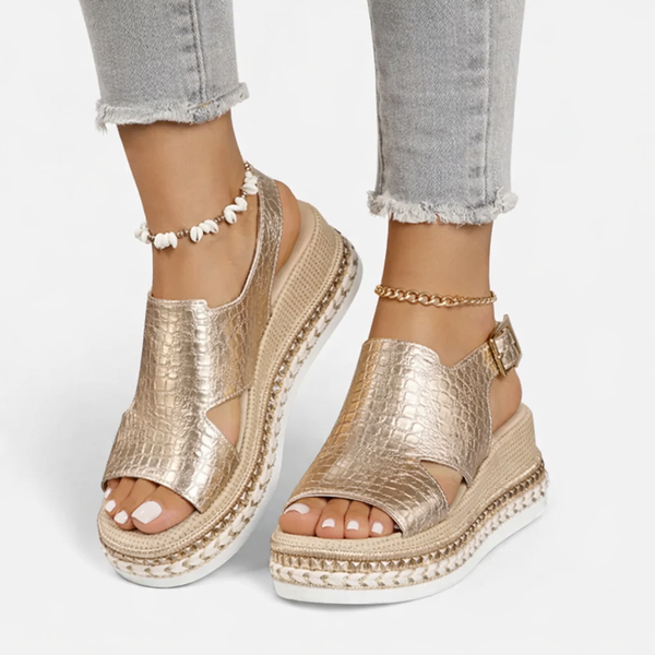 Women’s Summer Wedge Sandals – Supportive Comfort, Metallic Finish